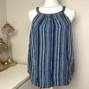 ANA Blue Striped Sleeveless Cutout Blouse